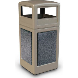 Square Waste Container with Dome Lid, Beige with Pepperstone Stone Panels, 42-Gallon