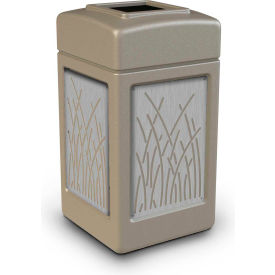 Square Waste Container, Beige w/Reeds Stainless Steel Panels, 42-Gallon