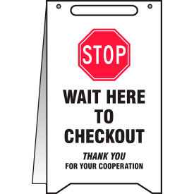 A-Frame Floor Sign, Stop Wait Here to Checkout, 20" H x 12" W, Plastic