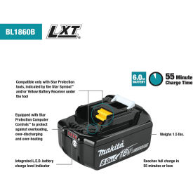 LXT Power Tool Battery, 6.0Ah, Lithium-Ion, 18V, 55 Min Charge Time