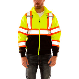 Hi Vis Sweatshirt, Detachable Hood, Zipper Closure, 2 Pockets, Fl Lime, 2XL