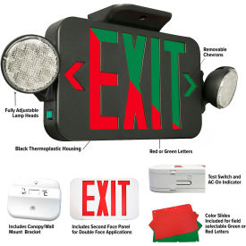 LED Emergency/Exit Combo with Field Selectable Red or Green LEDs, Black, 120/277V