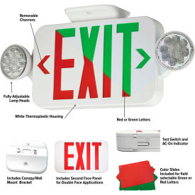LED Emergency/Exit Combo with Field Selectable Red or Green LEDs, White, 120/277V