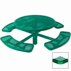 46" Round Single Pedestal Picnic Table, Expanded Metal, In Ground Mount, Green