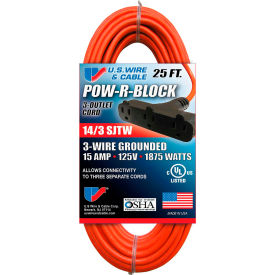 25 Ft. Three Conductor Orange Cord with Pow-R Block, 14/3 Ga. SJWT-A, 300V, 15A