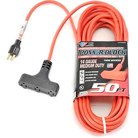 50 Ft. Three Conductor Orange Cord with Pow-R Block, 14/3 Ga. SJTW-A, 300V, 15A