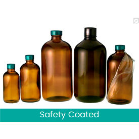 32oz Safety Coated Amber Boston Round Bottle with 33-400 neck finish, Case of 30