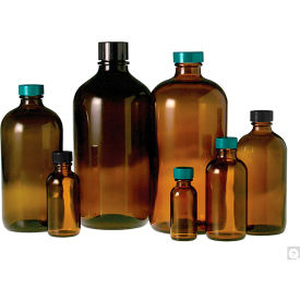 8oz Amber Boston Round Bottle with 24-400 Green Thermoset F217 & PTFE Lined Cap, 24PK