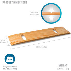 Wooden Slide Transfer Board, 440 lb Capacity, 30 x 8 x 1, 2 Cut Out Handles