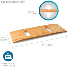 Wooden Slide Transfer Board, 440 lb Capacity, 24" x 8" x 1" , 2 Cut Out Handles