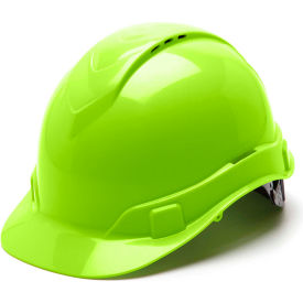 Vented Cap Style Hard Hat, Hi-Vis Green, 4-Point Ratchet Suspension