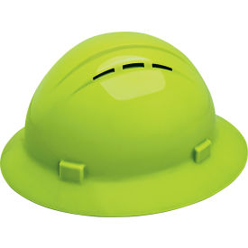 ERB Americana Vented Full Brim Safety Helmet, 4-Point Slide-Lock Suspension, Hi-Viz Lime