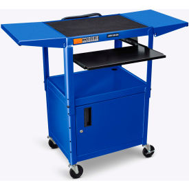Adjustable-Height Steel AV Cart with Pullout Keyboard Tray, Cabinet, and Drop Leaf, Blue
