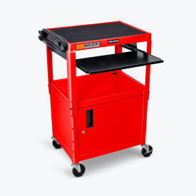 Adjustable-Height Steel AV Cart with Pullout Keyboard Tray and Cabinet, Red, 24" to 42"H