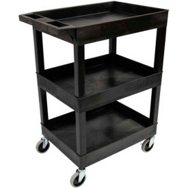 Plastic Utility Tub Cart, 24" x 18", Three Shelf, Black with 5" Heavy Duty Casters, 500 Lbs Capacity