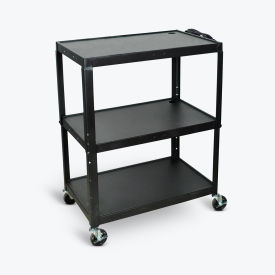 Extra-Large Adj-Height Steel AV Cart, 3 Shelves, Black, Electric, 32"W x 20"D x 24" to 42"H