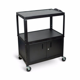 Extra Large Adjustable Height Steel AV Cart with Cabinet, 3 Shelves, Black, Electric, Height Range 24" to 42"