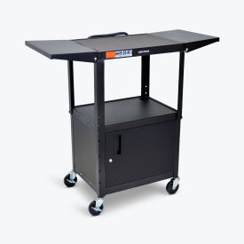 Adjustable-Height Steel AV Cart with Cabinet and Drop Leaf, Black, 24"W x 18"D x 24" to 42"H