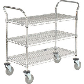 3 Shelf Utility Cart, Chrome, 48"W x 21"D x 39"H, Poly Casters, 4 Swivel