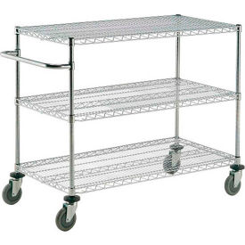 3 Shelf Push Cart, Chrome, 24"W x 18"D x 40"H, Poly Casters, 4 Swivel, 2 Brake