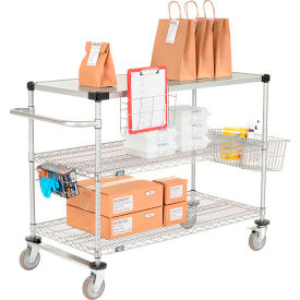 3 Shelf Push Cart, 36"W x 24"D x 40"H, Poly Casters, 2 Rigid, 2 Brake