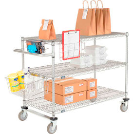 3 Shelf Push Cart, Chrome, 30"W x 18"D x 40"H, Poly Casters, 2 Rigid, 2 Brake