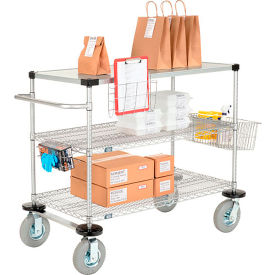 3 Shelf Push Cart, Chrome, 60"W x 24"D x 43"H, Pneumatic Casters, 2 Swivel, 2 Rigid