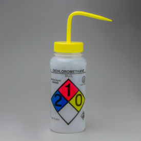 GHS Labeled Safety-Vented Dichloromethane Wash Bottles, 500ml (16oz), PE w/YLW PP Cap, 4Pk