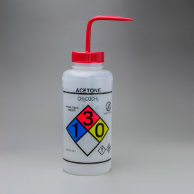 GHS Labeled Safety-Vented Acetone Wash Bottles, 1000ml (32oz), Polyethylene w/Red PP Cap 2PK