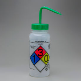 GHS Labeled Safety-Vented Methanol Wash Bottles, 500ml (16oz), Polyethylene w/Green Cap 4Pk