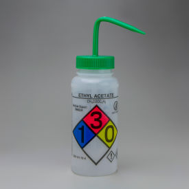 GHS Labeled Safety-Vented Ethyl Acetate Wash Bottles, 500ml (16oz), PE w/Green PP Cap, 4Pk