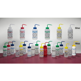 Safety-Labeled 2-Color Deionized Water Wash Bottles, 500ml (16oz), PE w/Blue PP Cap, 6Pk