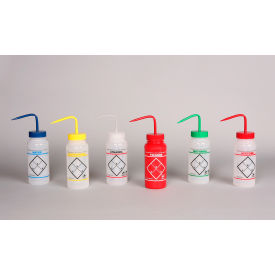 Safety-Labeled Assorted 2-Color Wide-Mouth Wash Bottles, 500ml (16oz), PE w/PP Cap, 6Pk