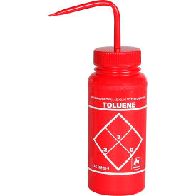 Safety-Labeled 2-Color Toluene Wide-Mouth Wash Bottles, 500ml (16oz), PE w/Red PP Cap, 6Pk