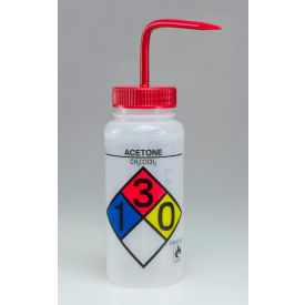 Safety-Labeled 4-Color Acetone Wide-Mouth Wash Bottles, 500ml (16oz), PE w/Red PP Cap, 4Pk