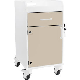 Compact Bedside Cart, 1 Locking Drawer, White with Almond Beige