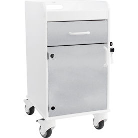 Compact Bedside Cart, 1 Locking Drawer, White with Silver Metallic