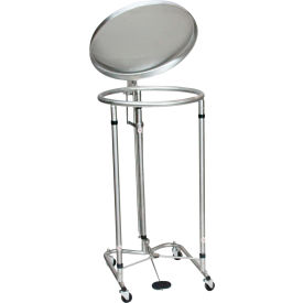 Round Hamper, Stainless Steel, 18" Dia, 35"H, 2" Casters, Foot Operated w/ Pneumatic Top
