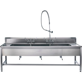 Decontamination Station, 116"Wx26.5"D, Stationary Legs, 3 Sink Bowls, Wall Mounted Faucets