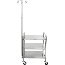 Medium Duty Utility Cart, 3 Open Shelves, Depth Wise Handrails, 2 Hook IV Pole