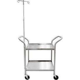 Heavy Duty Utility Cart, 2 Shelves, 4 Side Lip, Push Handles, 2 Hook IV Pole