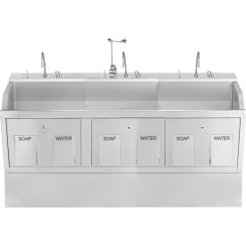 Triple Station Pedestal Lodi Scrub Sink with Eyewash and Digital Timer, Knee Action Control.