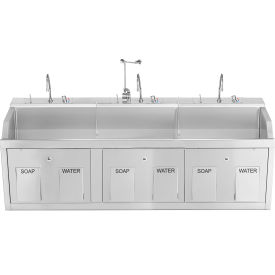 Triple Station Wall Mounted Lodi Scrub Sink with Eyewash and Digital Timer, Knee Action
