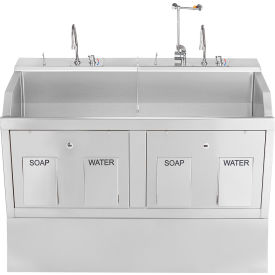 Double Station Pedestal Lodi Scrub Sink with Eyewash and Digital Timer, Knee Action Control