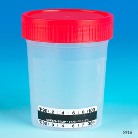 Graduated Specimen Container, 4 oz., Thermometer Strip, Red Screwcap, Polypropylene