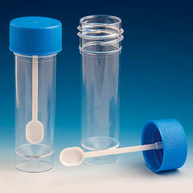 Fecal Container, 30mL, Screwcap with Spoon, Polystyrene, Conical Bottom, Self-Standing, Pack of 500