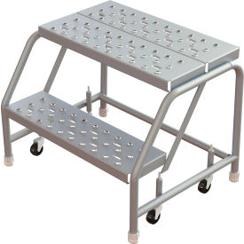 Tri-Arc Rolling Ladder, 2 Step, Aluminum, Perforated, 14" Deep Top Step, No Handrails, 24"W Step