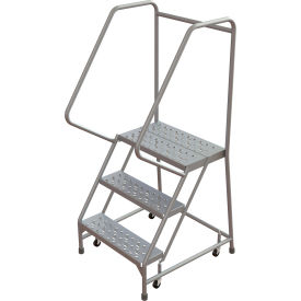 Tri-Arc Rolling Ladder, 3 Step, Aluminum, Perforated, 14" Deep Top Step, With Handrails, 24"W Step