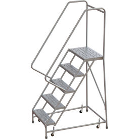 Tri-Arc Rolling Ladder, 5 Step, Aluminum, Perforated, 14" Deep Top Step, With Handrails, 24"W Step