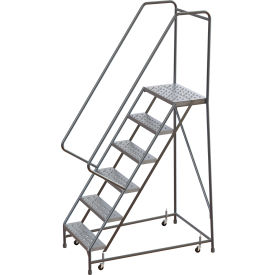 Tri-Arc Rolling Ladder, 6 Step, Aluminum, Perforated, 14" Deep Top Step, With Handrails, 24"W Step